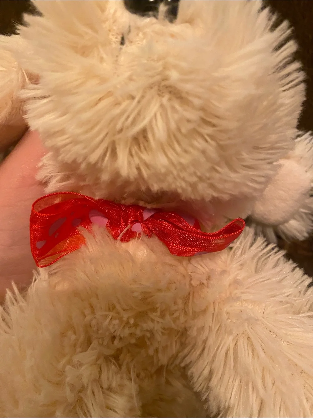 Plush Cream Dog Toy with Red Bow - Soft Pet Plush